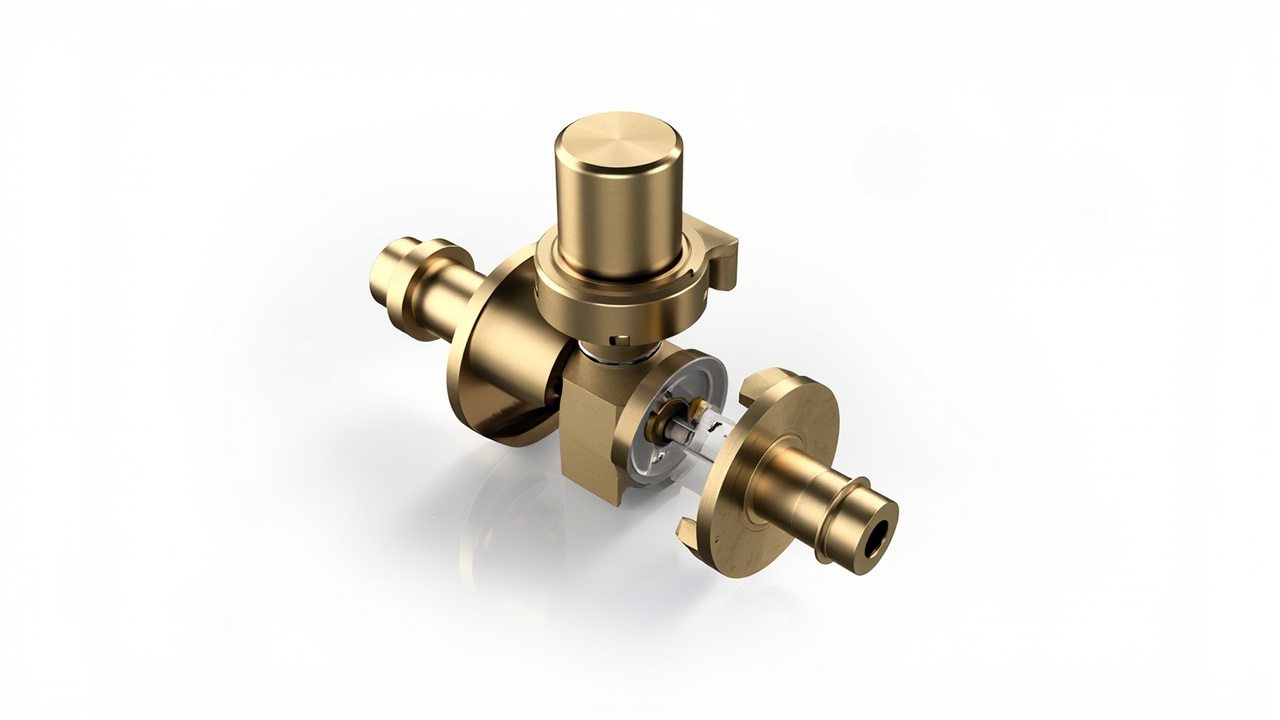 brass water softener control valve with analog dial on top of a mineral tank