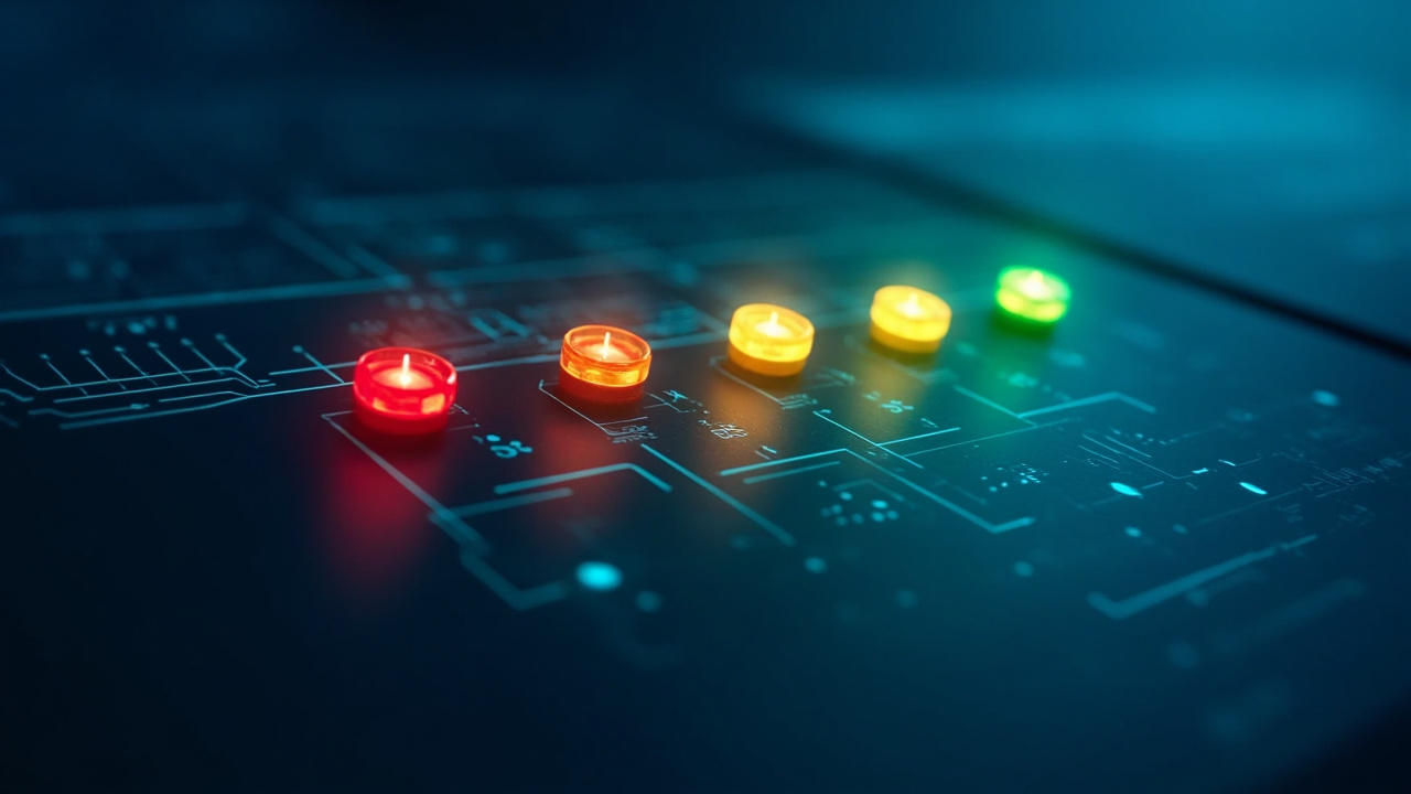 abstract diagnostic indicator panel with colored status lights for a water softener valve