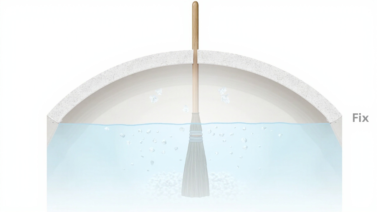 cross section of a brine tank showing a salt bridge crust with a broom handle breaking through it