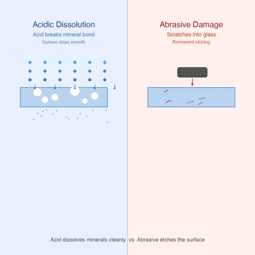 Two side-by-side panels showing acid dissolving mineral deposit on left and abrasive scratching surface on right