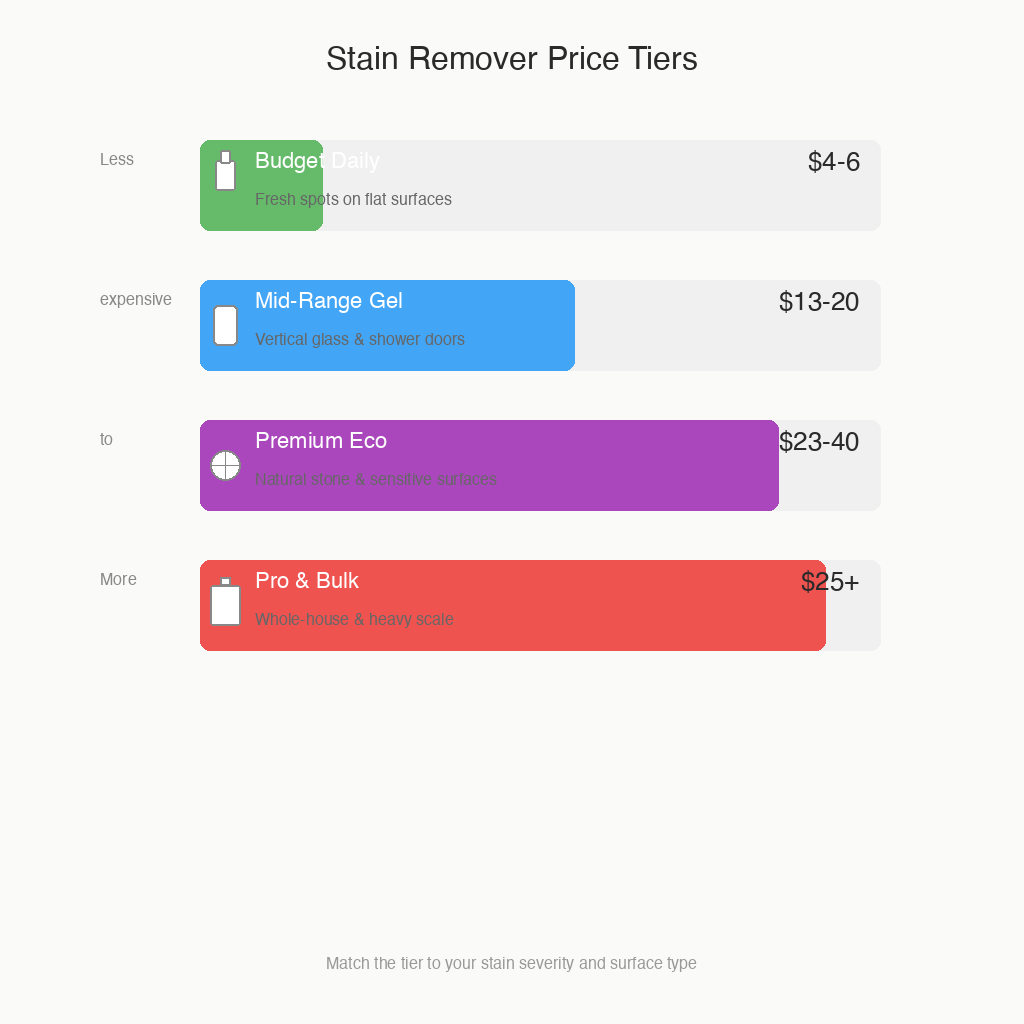 Price comparison chart of four stain remover tiers from budget spray to pro gallon with use-case icons