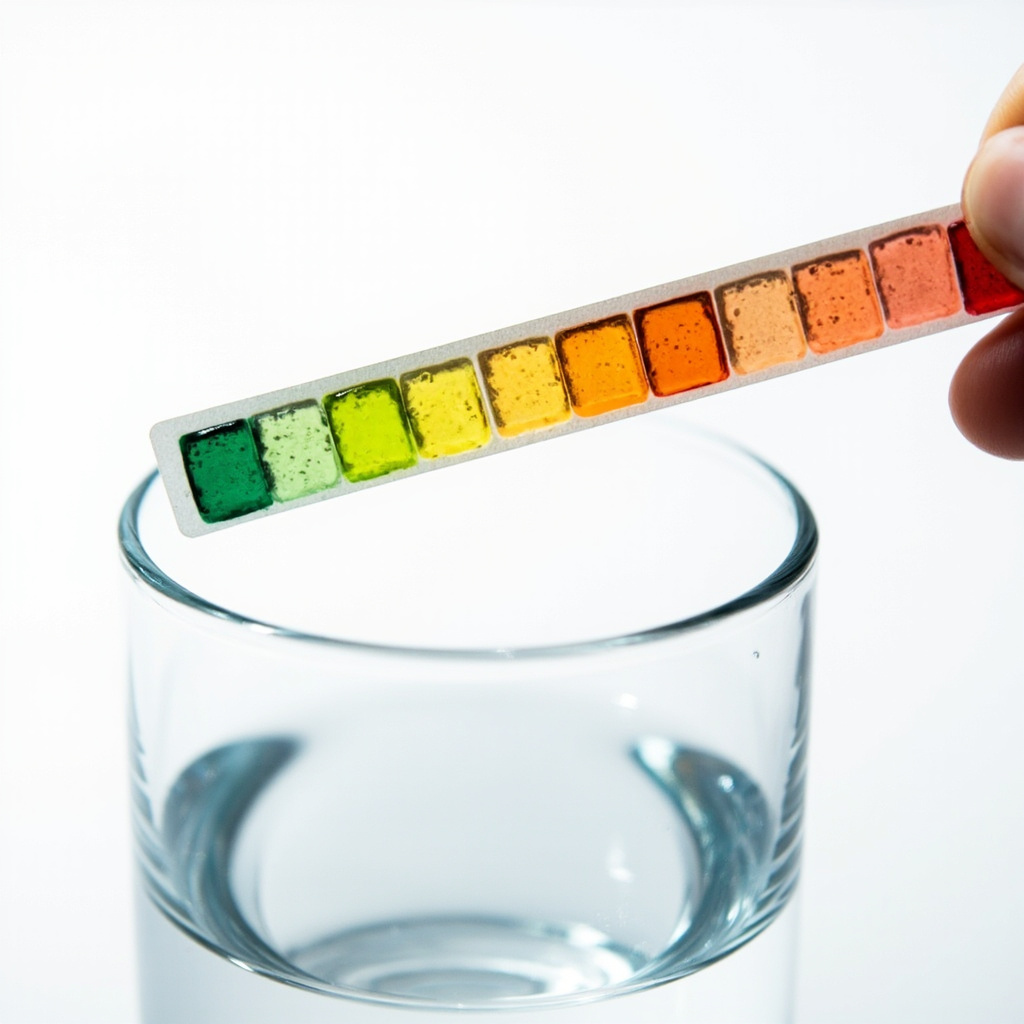 Water hardness test strip showing color gradient from soft green to hard red indicating mineral levels