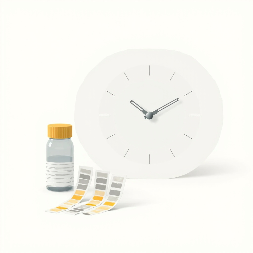 expired test strip bottle next to an analog clock showing passage of time