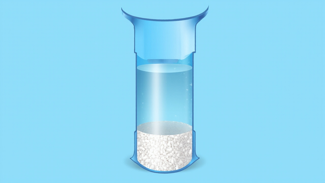 cross-section of a brine tank showing salt pellets at the quarter-full level with water below