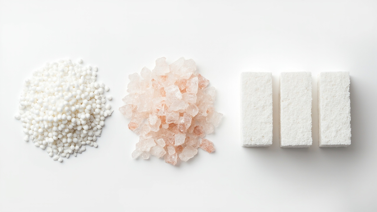 three types of water softener salt: pellets, solar crystals, and compressed blocks side by side