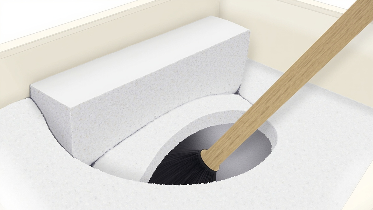 cross-section of a brine tank with a hardened salt bridge and a broom handle breaking through the crust