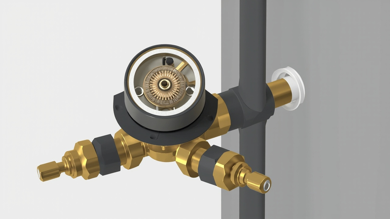 close-up of a water softener control valve head with an analog timer dial and brass fittings