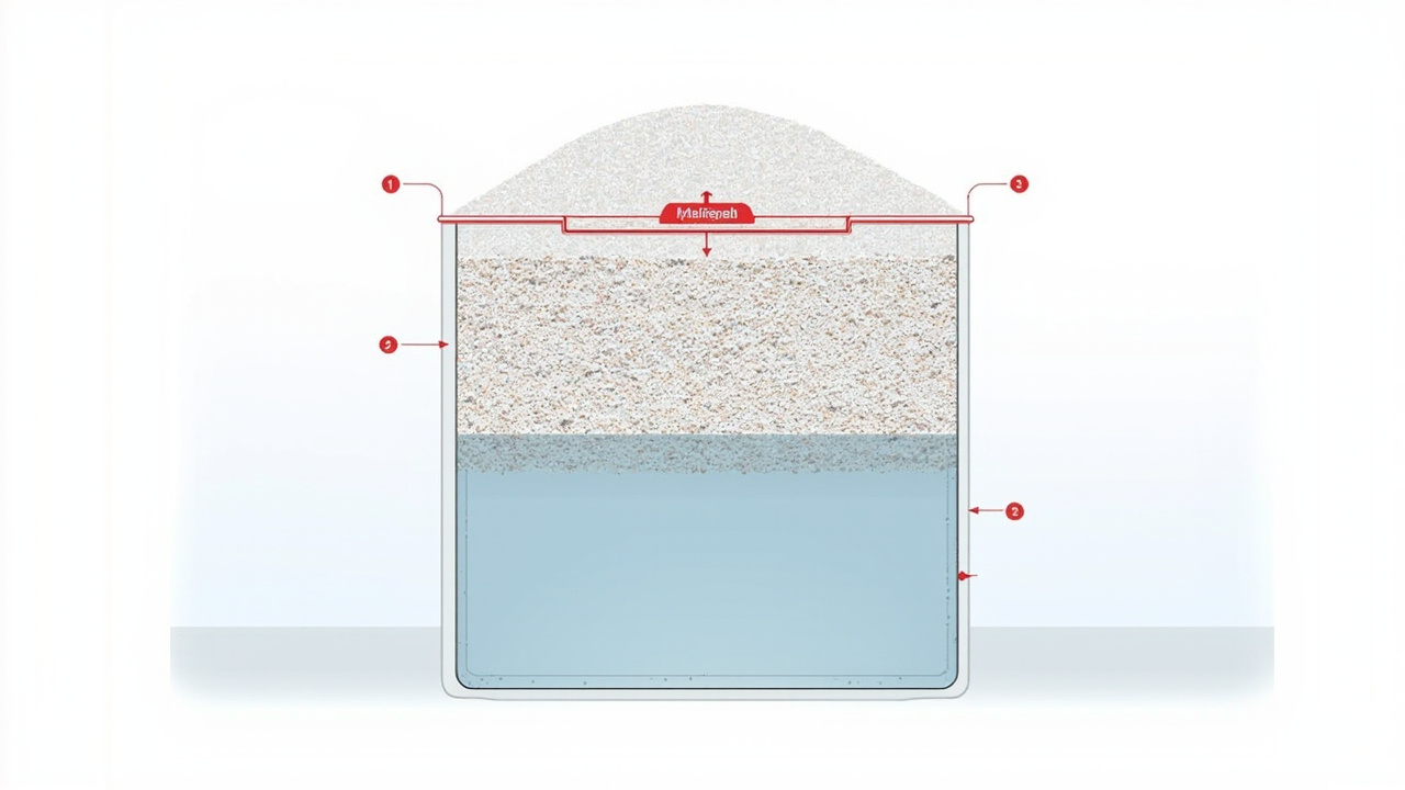 cross-section of an overfilled brine tank with compressed hardened salt blocking water flow