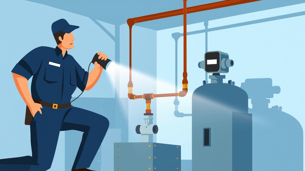 professional plumber inspecting a water softener system with a flashlight