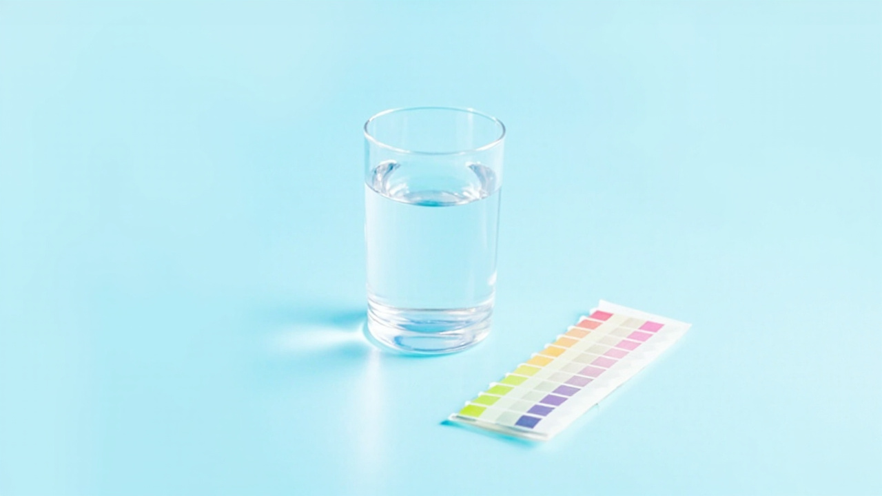 water hardness test strips beside a glass of tap water on a soft blue background