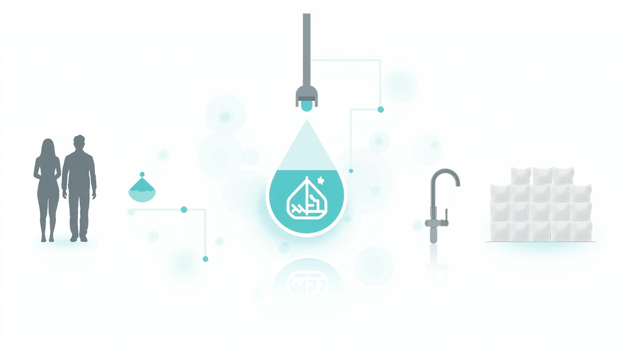 water softener sizing concept showing family icons with shower and faucet flowing into a measurement scale