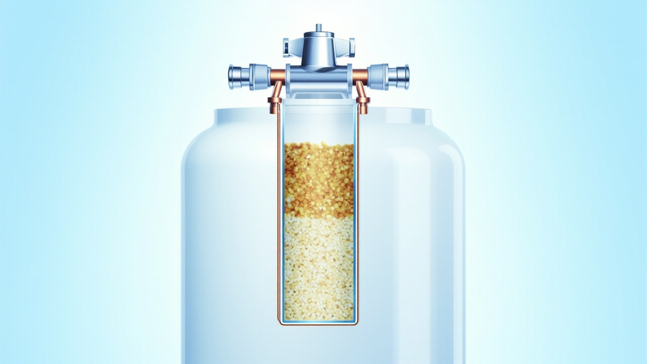 cutaway diagram of a water softener showing resin beads inside a tall tank with a top control valve