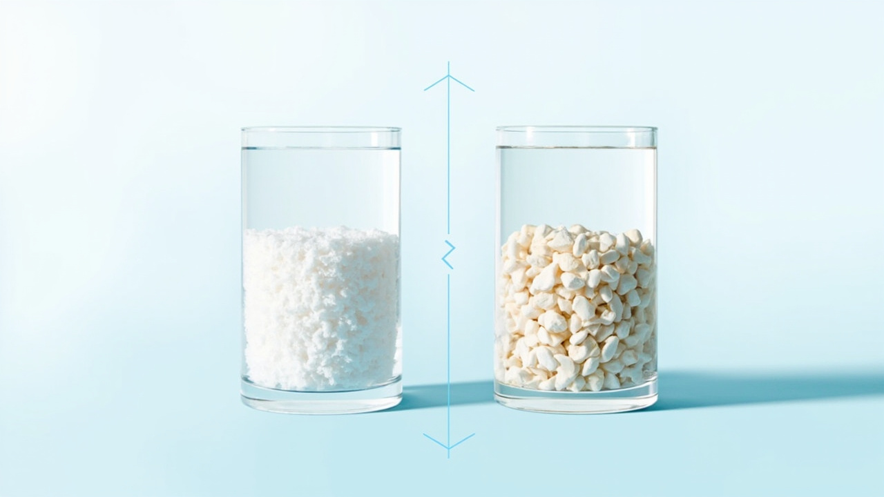 side-by-side comparison of salt pellets in a brine tank versus a salt-free crystallization media tank