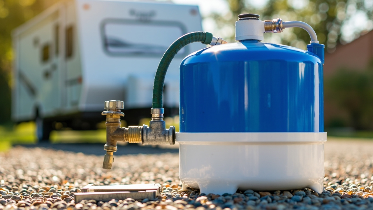 portable RV water softener connected to a campground spigot with a garden hose, sitting on the ground beside a travel trailer