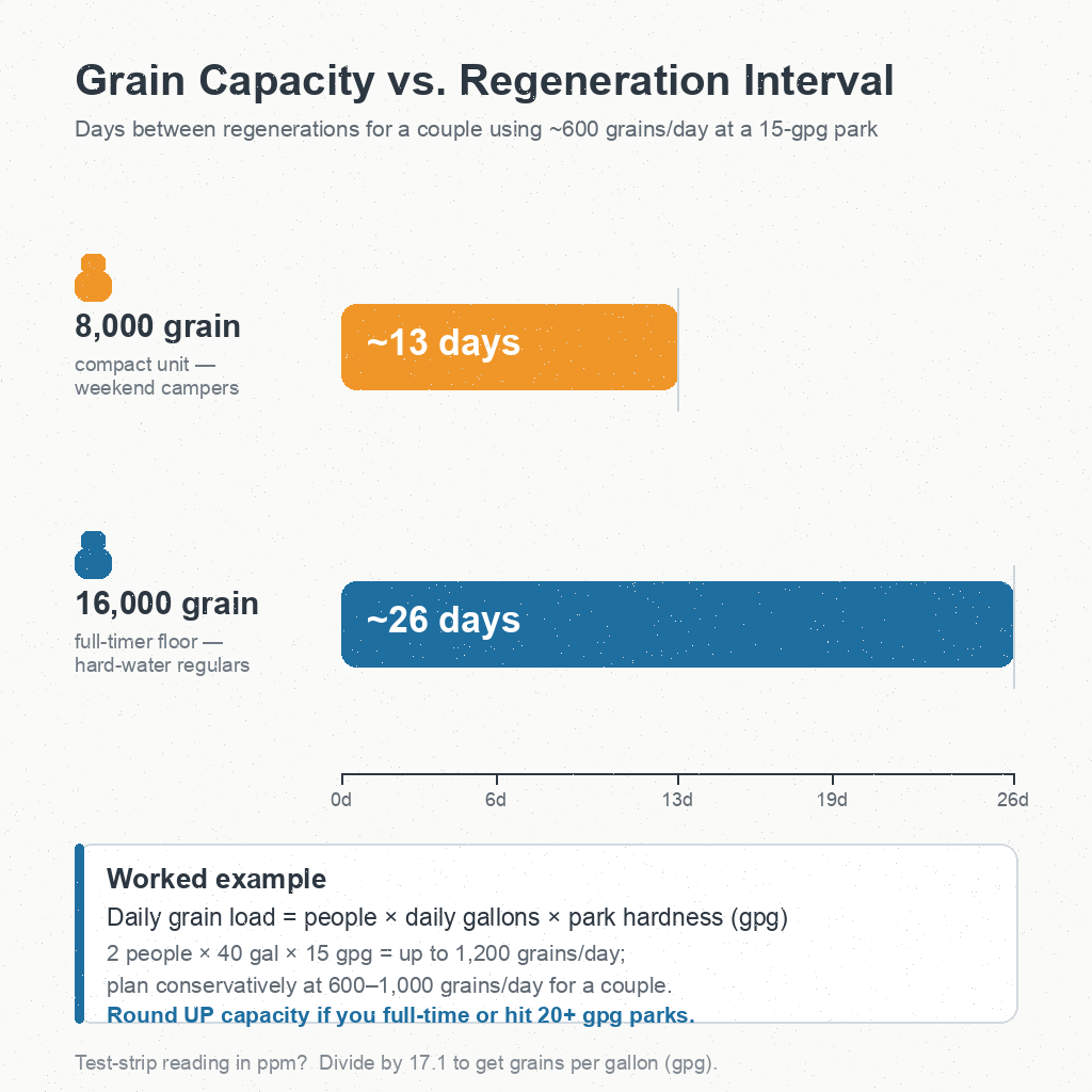 grain capacity comparison chart showing two RV softeners sized for different trip lengths with regeneration frequency