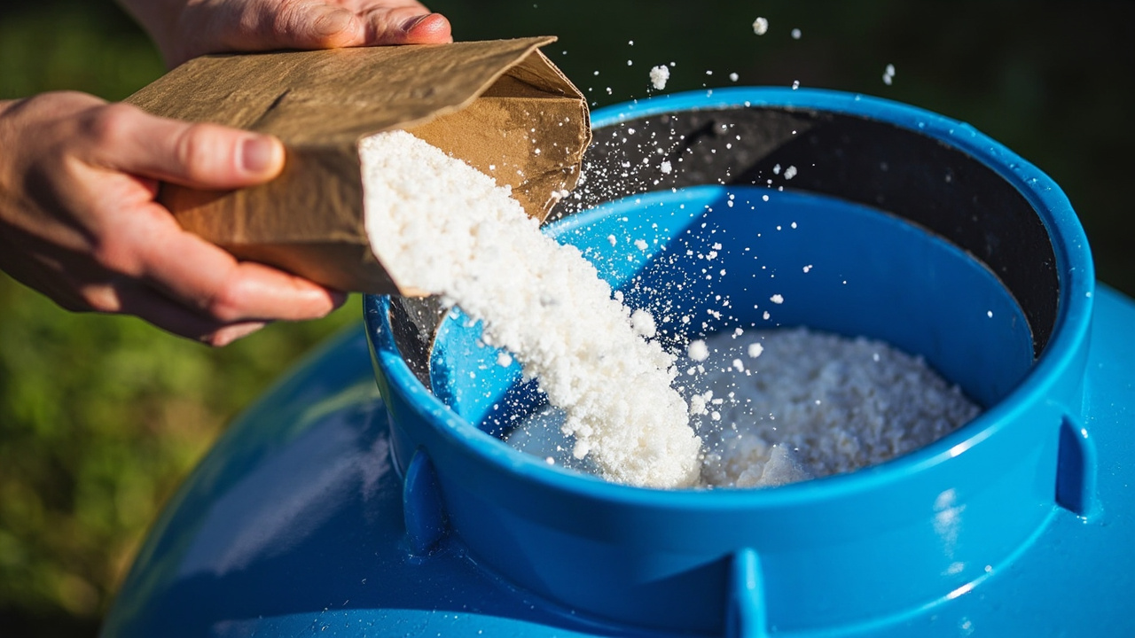 hand pouring non-iodized table salt into the wide mouth opening of a portable RV water softener tank