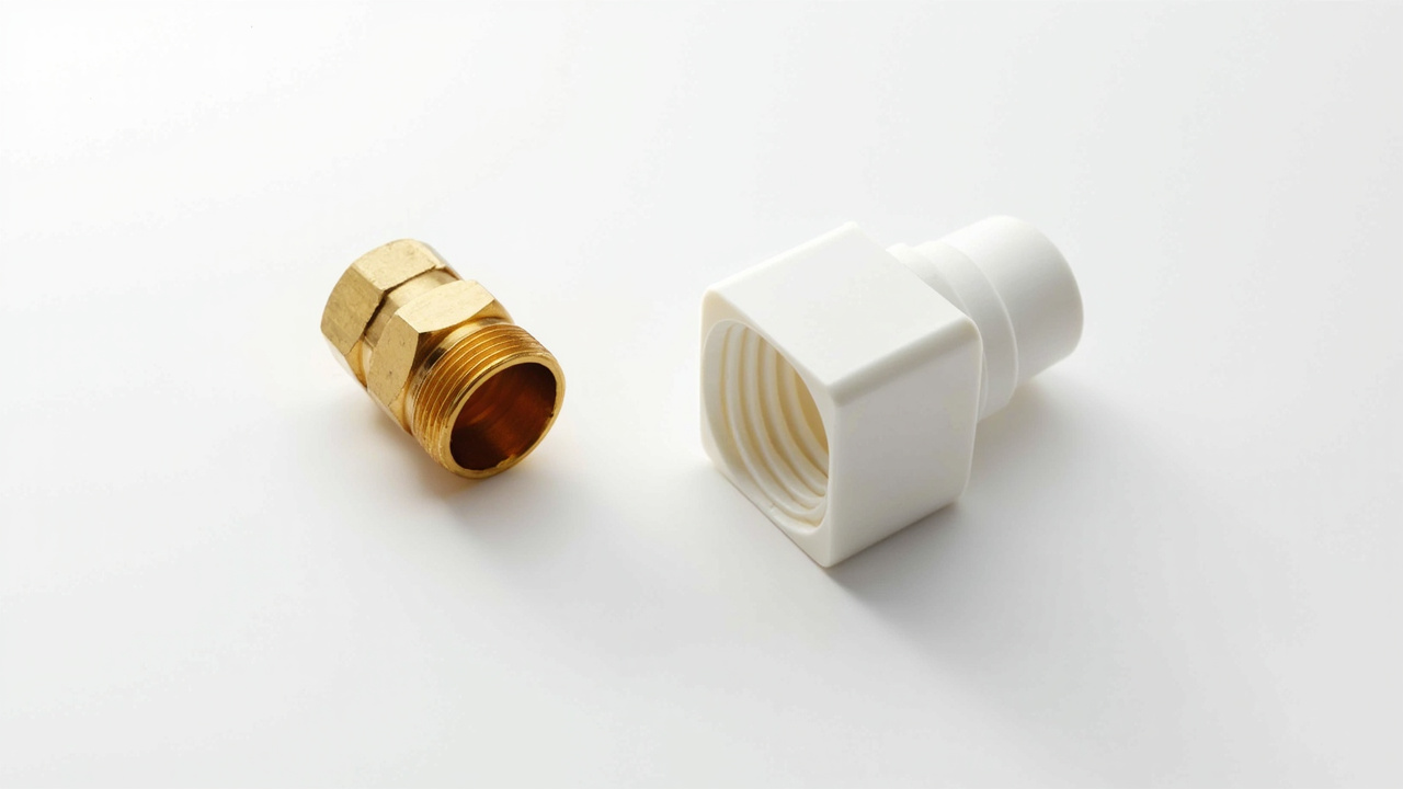 comparison of brass and plastic garden-hose fittings on RV water softener inlet and outlet connectors