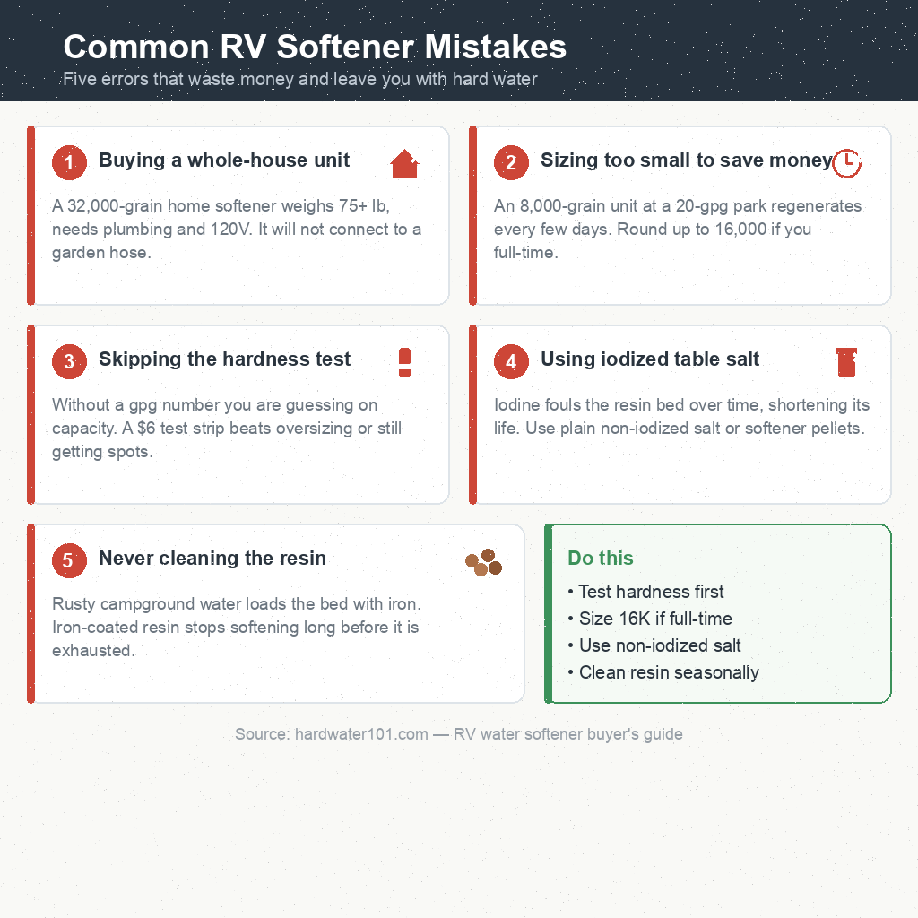 five common mistakes when buying and maintaining a portable RV water softener with a do-this checklist