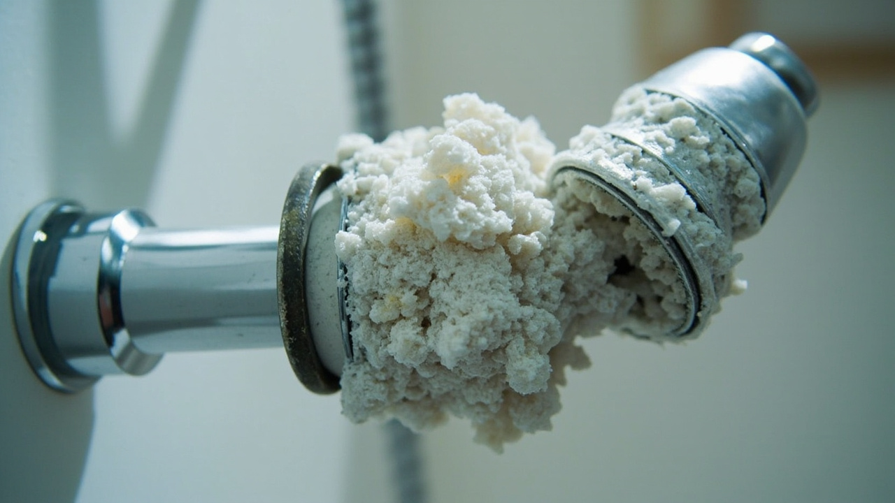 thick white chalky calcium mineral scale buildup coating a chrome plumbing fitting from hard campground water