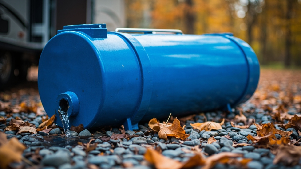 portable RV water softener tank tilted on its side draining residual water before winter storage to prevent freezing