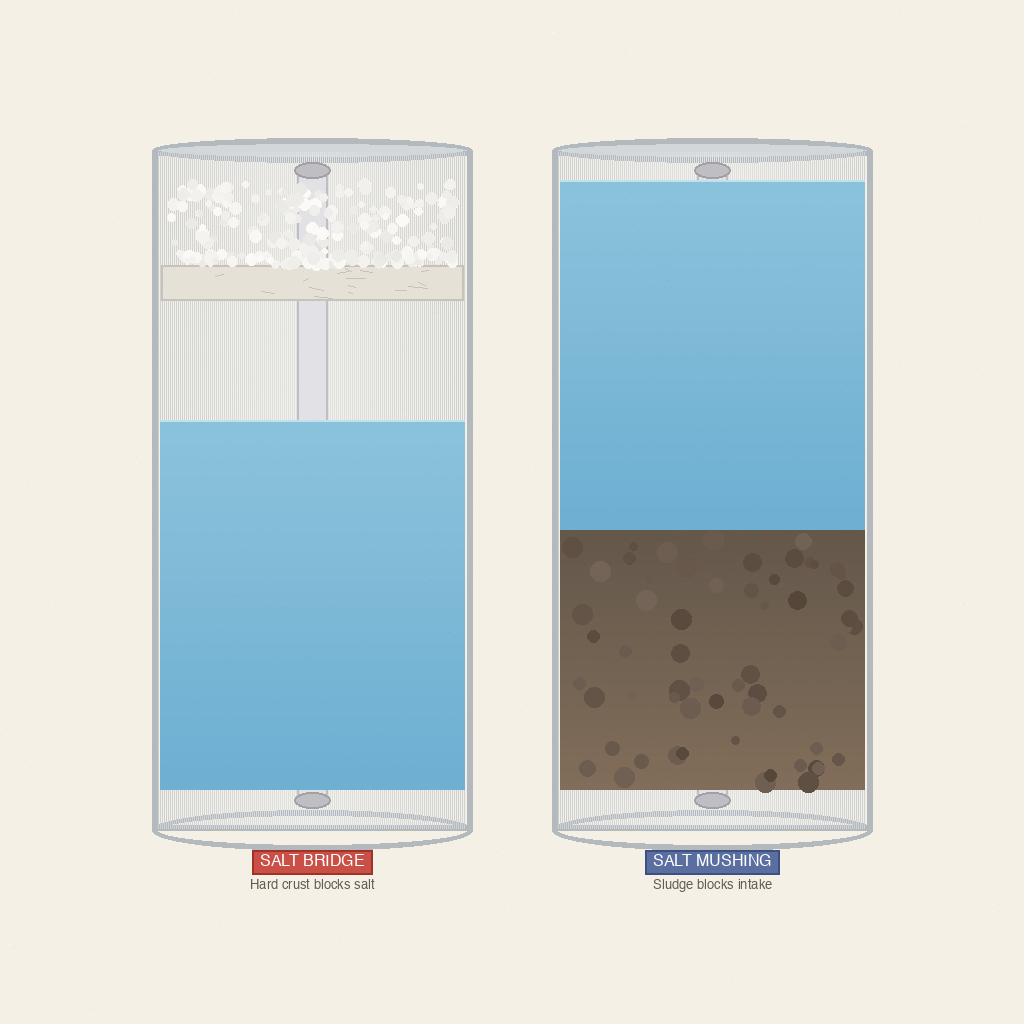 side-by-side cross-section comparison of a brine tank with salt bridge crust on the left and salt mushing sludge on the right