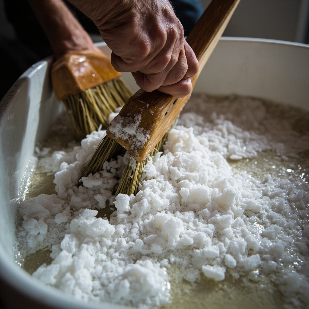 hands pushing a wooden broom handle down through a hard white salt crust inside a brine tank