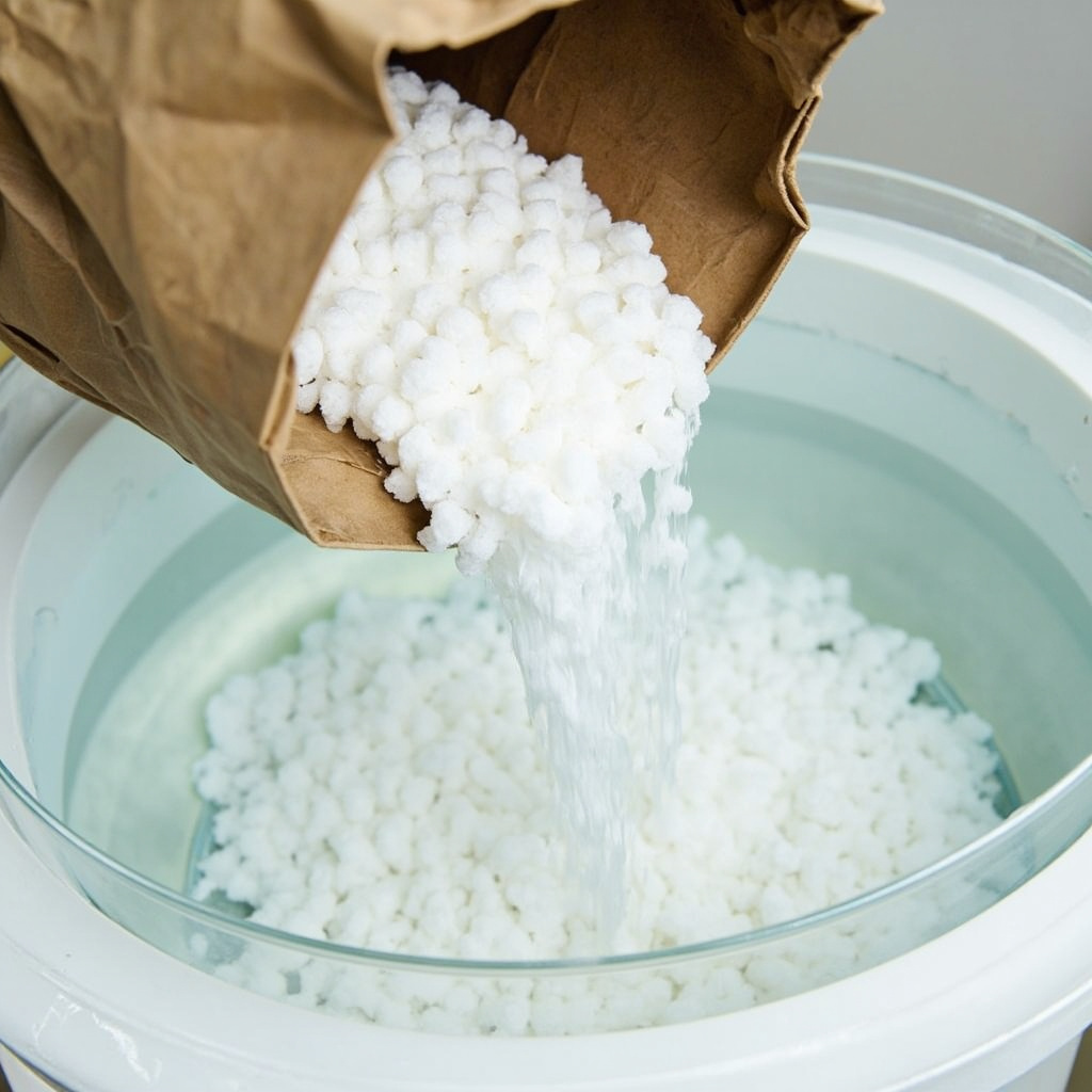 white salt pellets being poured from a bag into a brine tank at the correct fill level