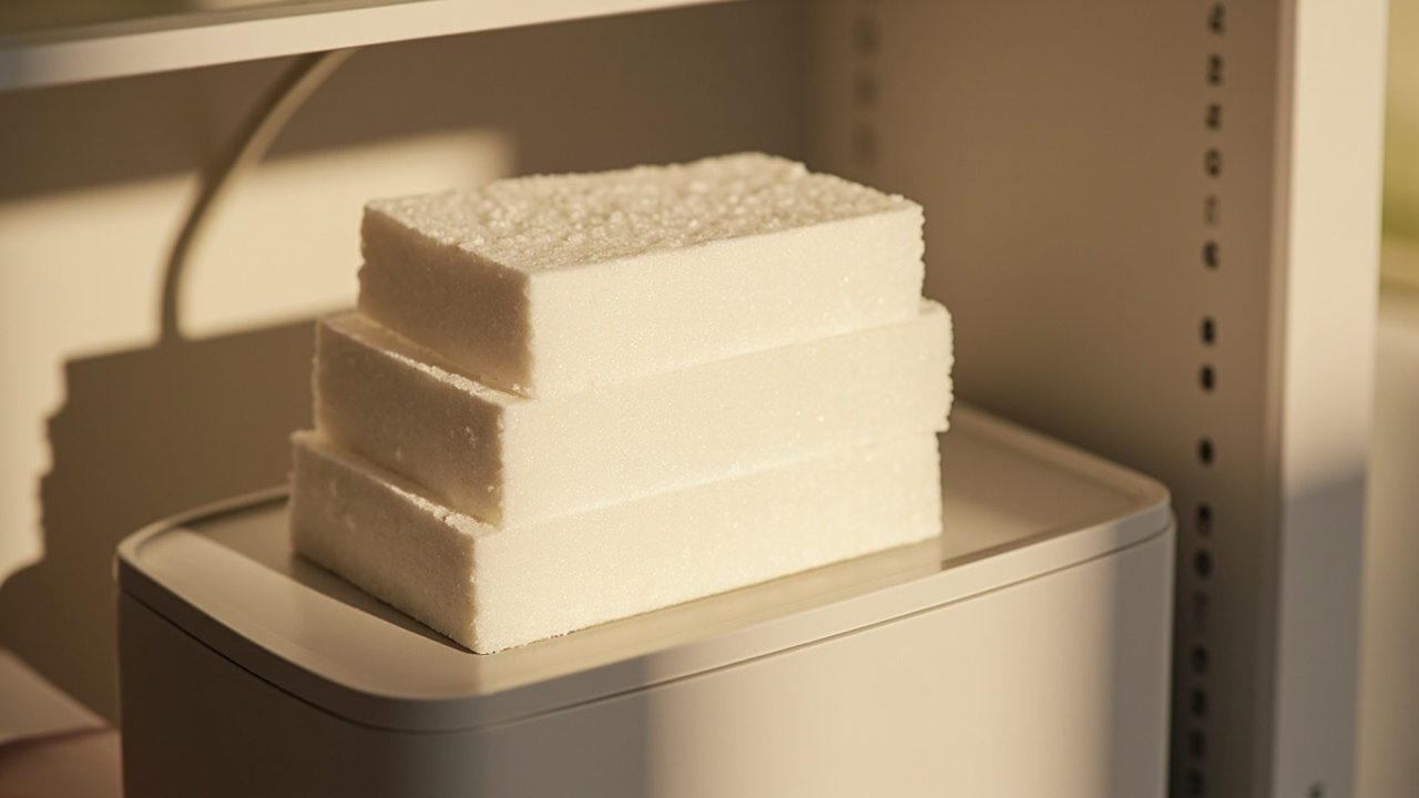 Rectangular salt bars stacked on a compact cabinet softener platform