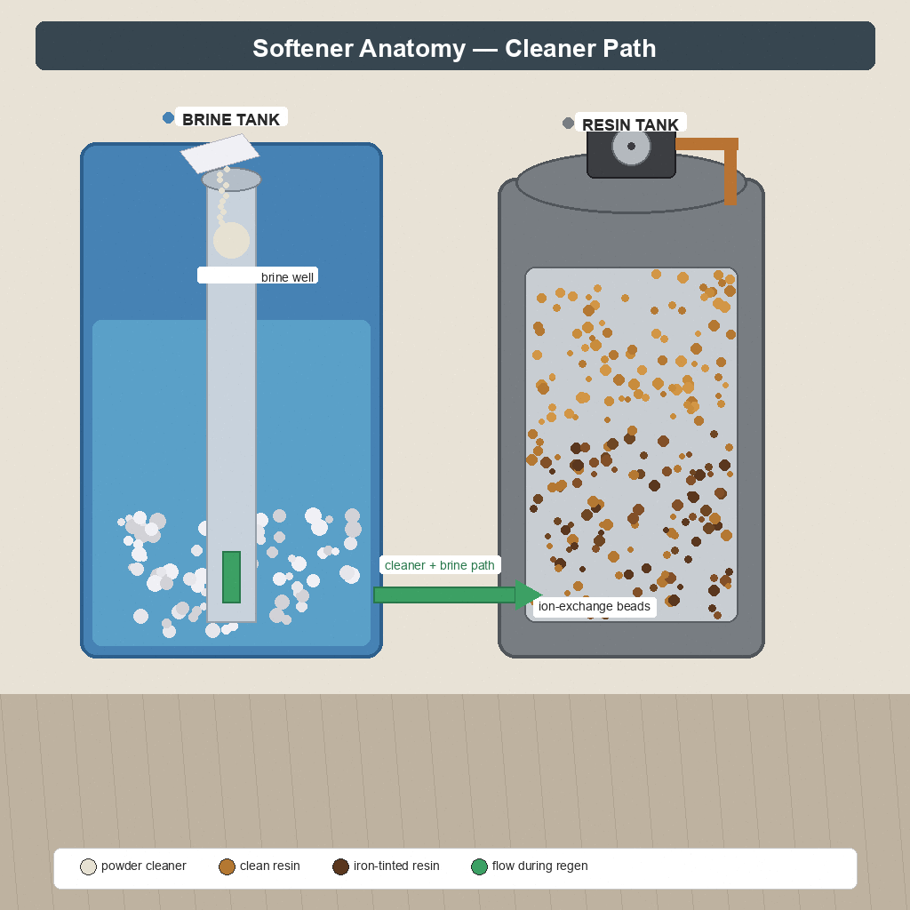 Two-tank softener: brine well on left, resin tank with beads on right, cleaner flow path into resin bed