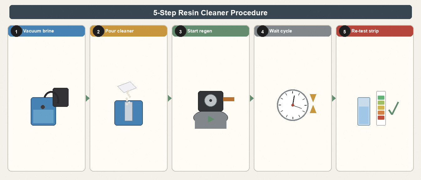 Five-step resin cleaner procedure: vacuum brine, pour cleaner, start regen, wait, re-test hardness