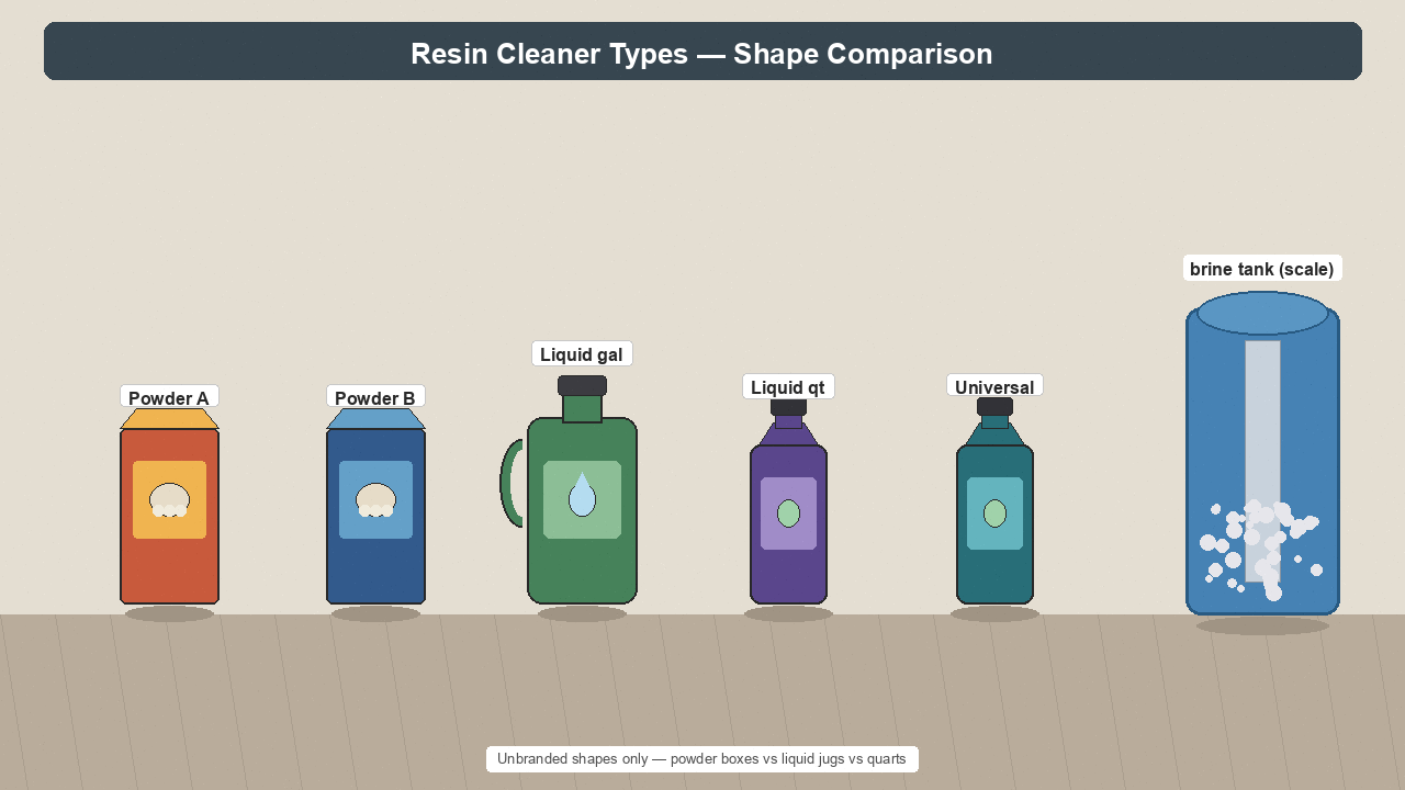 Five generic resin-cleaner containers beside a brine tank for scale comparison, unbranded shapes
