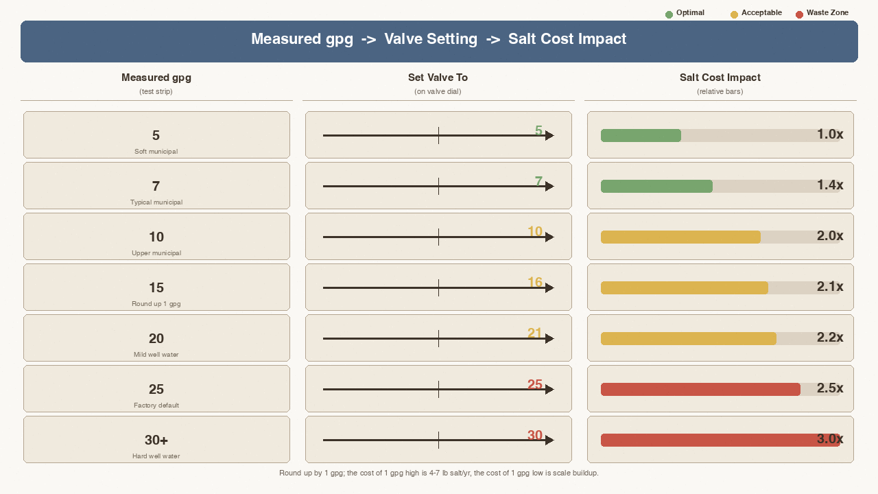 Settings table: measured gpg 5-30+ on left, valve-setting arrows and salt-cost bars, color-coded by waste zone