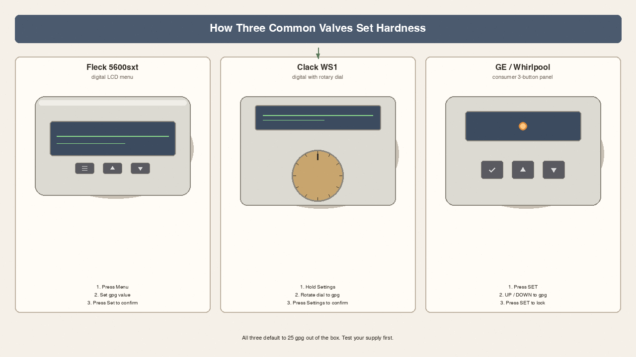 Three valve faceplates: Fleck 5600sxt LCD, Clack WS1 rotary dial, GE 3-button panel with arrows pointing to hardness controls