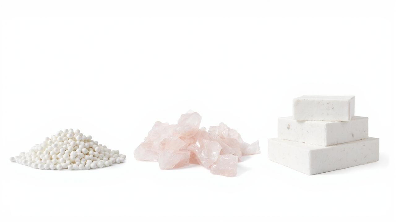 three forms of water softener salt compared side by side: pellets crystals and blocks