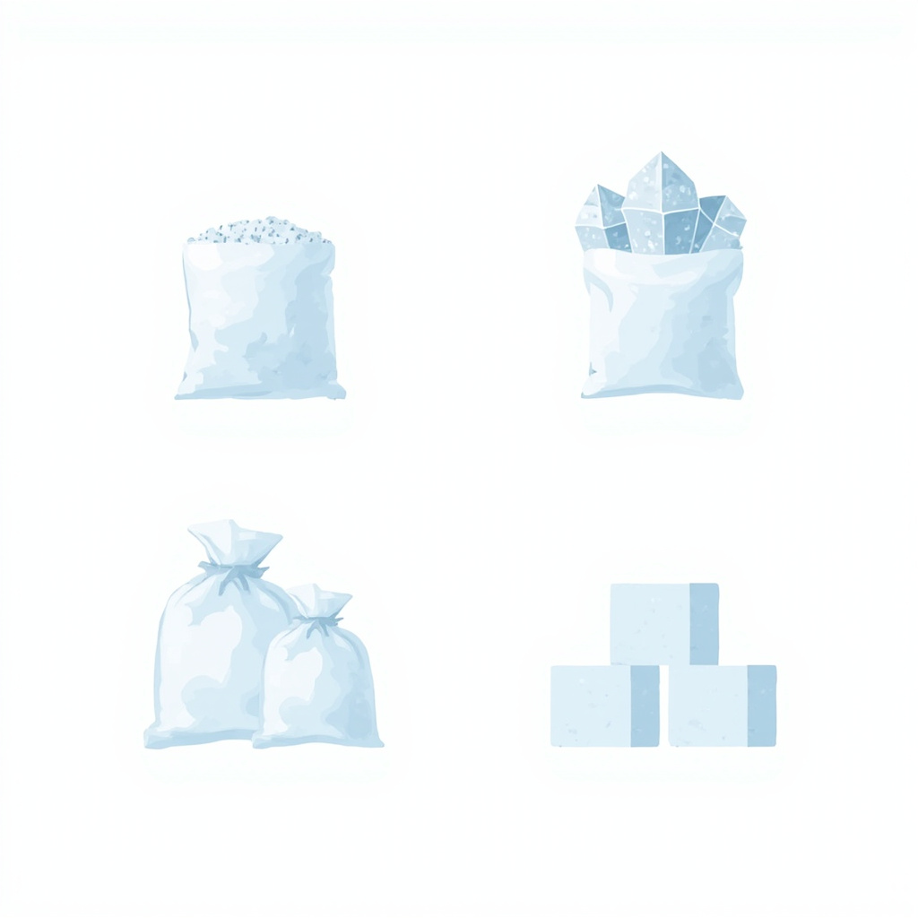 four water softener salt forms arranged as decision categories: pellets crystals potassium chloride and blocks