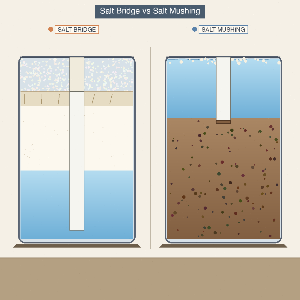 side-by-side comparison of salt bridge hard crust at top with void below versus salt mushing sludge at bottom of brine tank