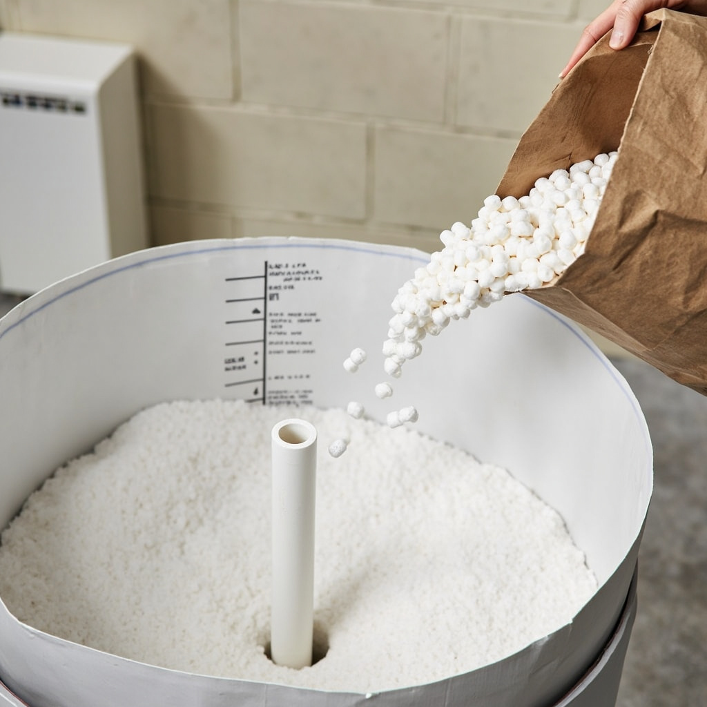 white salt pellets being poured loosely into a brine tank at the manufacturer fill line, no heaping above