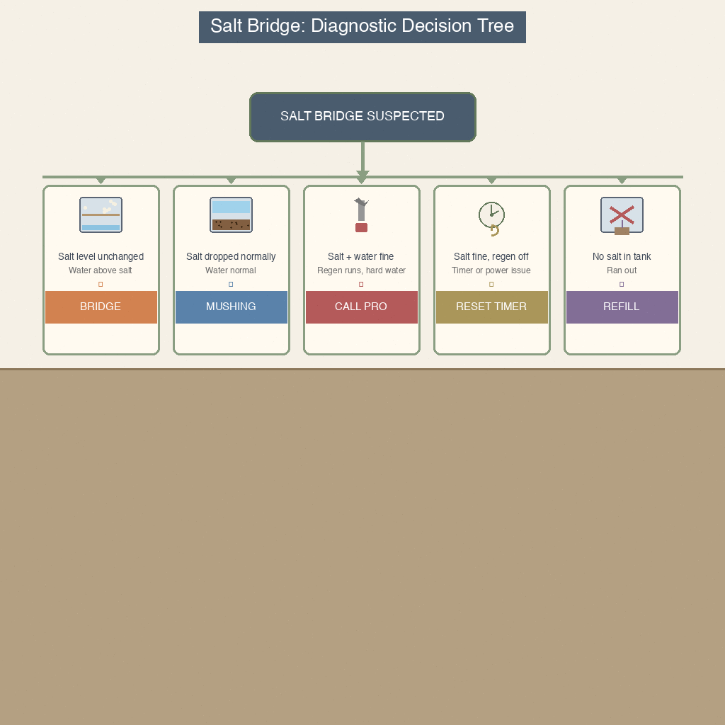 decision tree flowchart with five branches covering salt bridge diagnosis from salt level, water level, and regen behavior