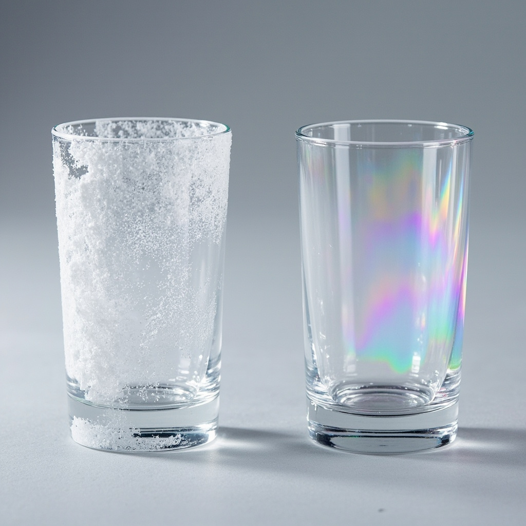 side-by-side comparison of permanently etched glass with rainbow tint next to clean glass with removable film