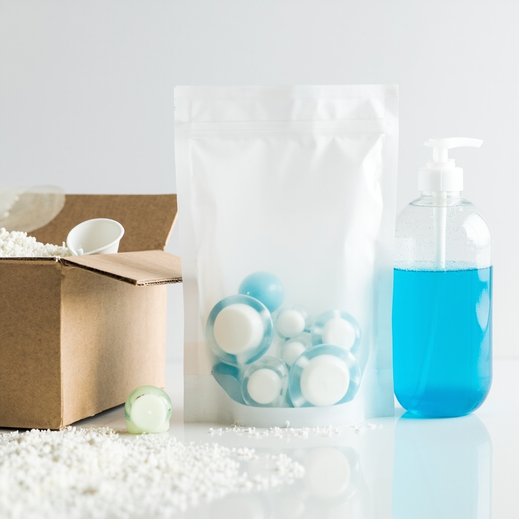 three dishwasher detergent types side by side showing powder with adjustable scoop, single-dose pod, and liquid gel pour