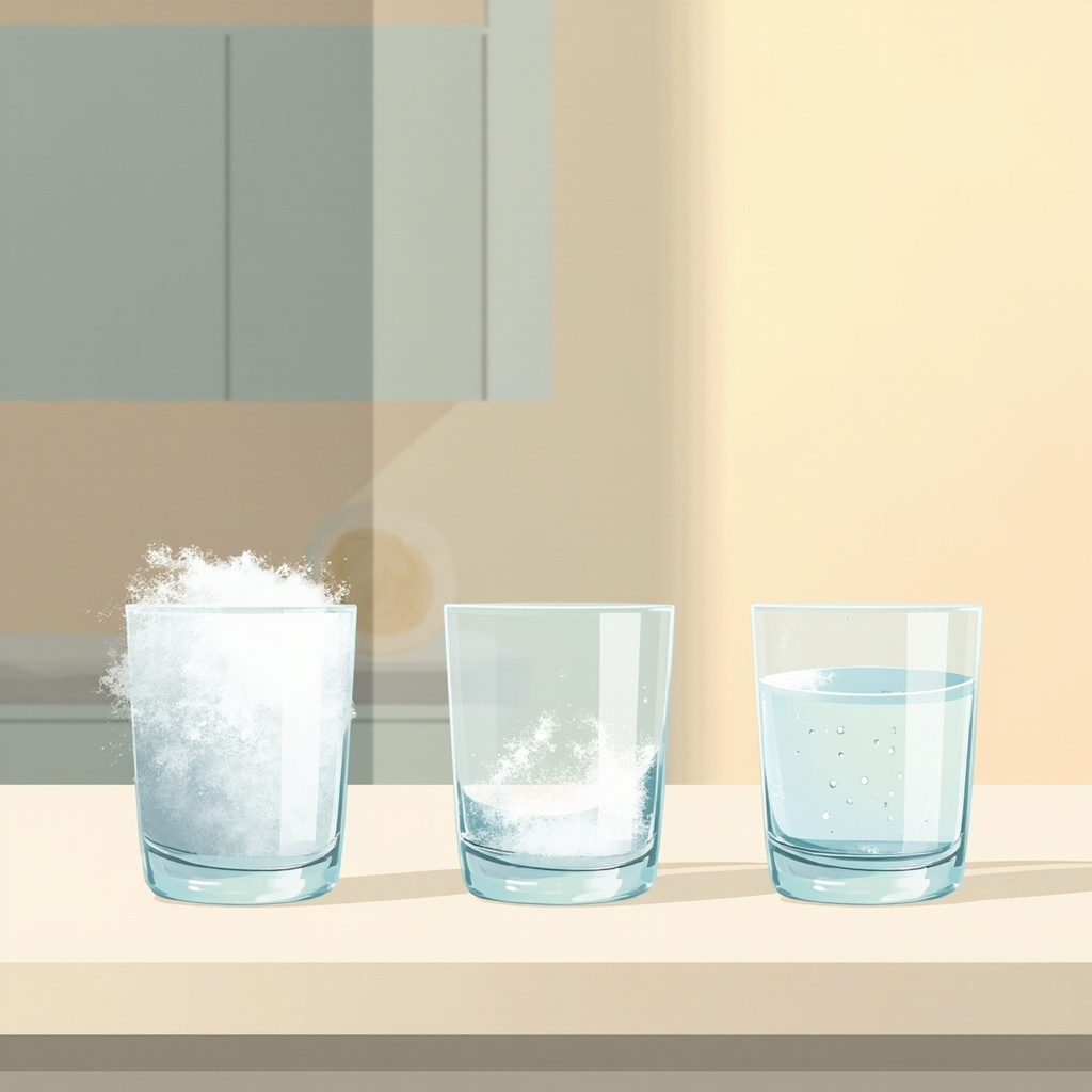 cloudy drinking glasses with white mineral film compared to one sparkling clean glass