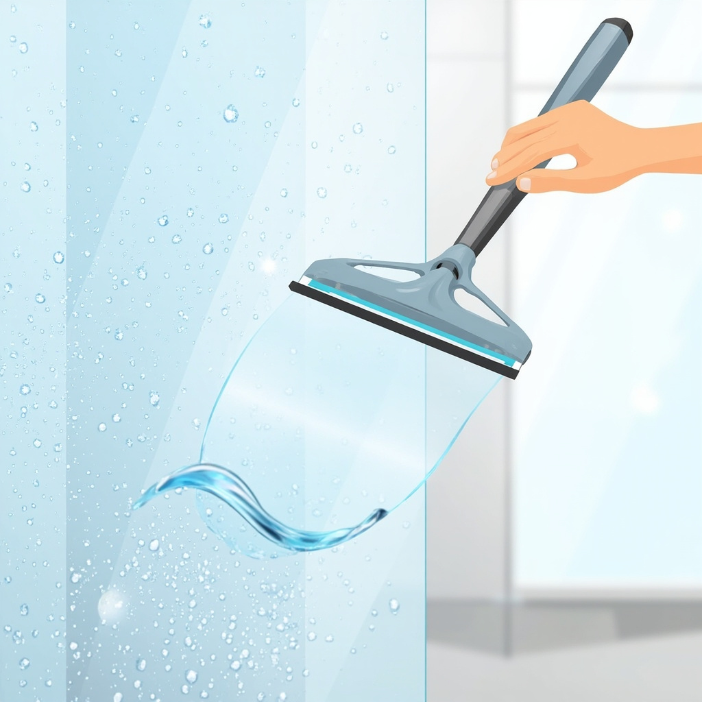 hand using a squeegee to wipe water droplets off a clear glass shower door