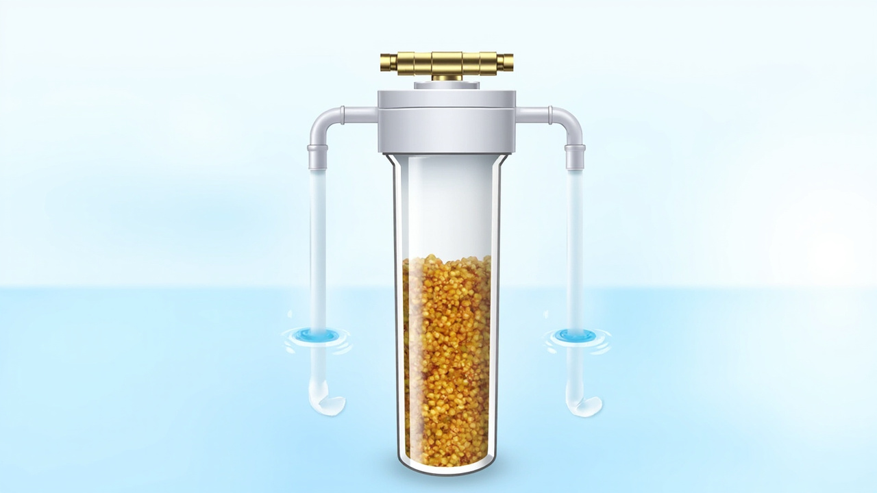 cross-section diagram of a water softener tank showing ion exchange resin beads