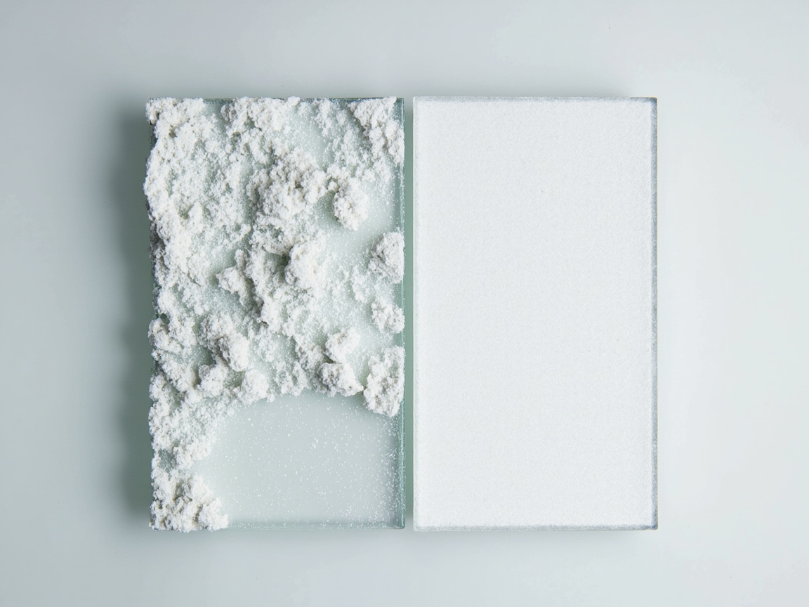 two glass samples side by side: chalky limescale crust on left, smooth silica etching on right