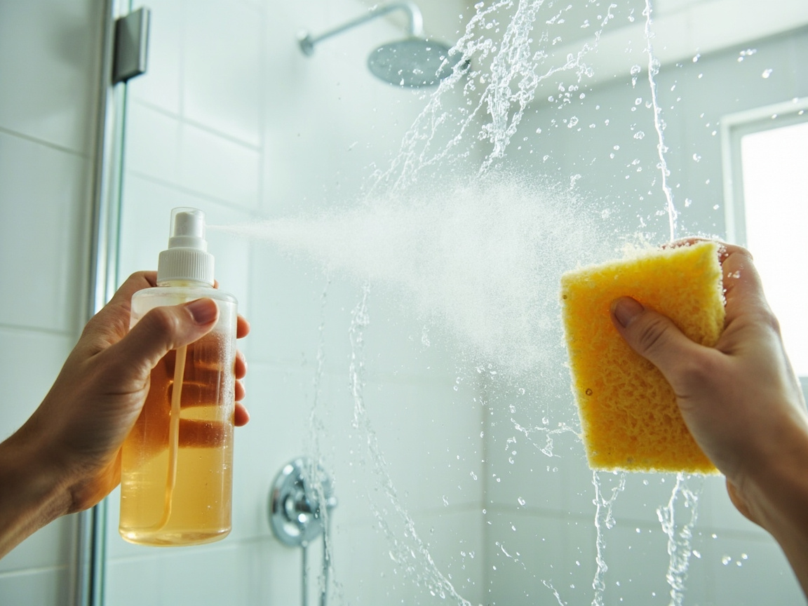 cleaning shower glass with a vinegar spray bottle and non-scratch sponge, bubbles dissolving white mineral deposits
