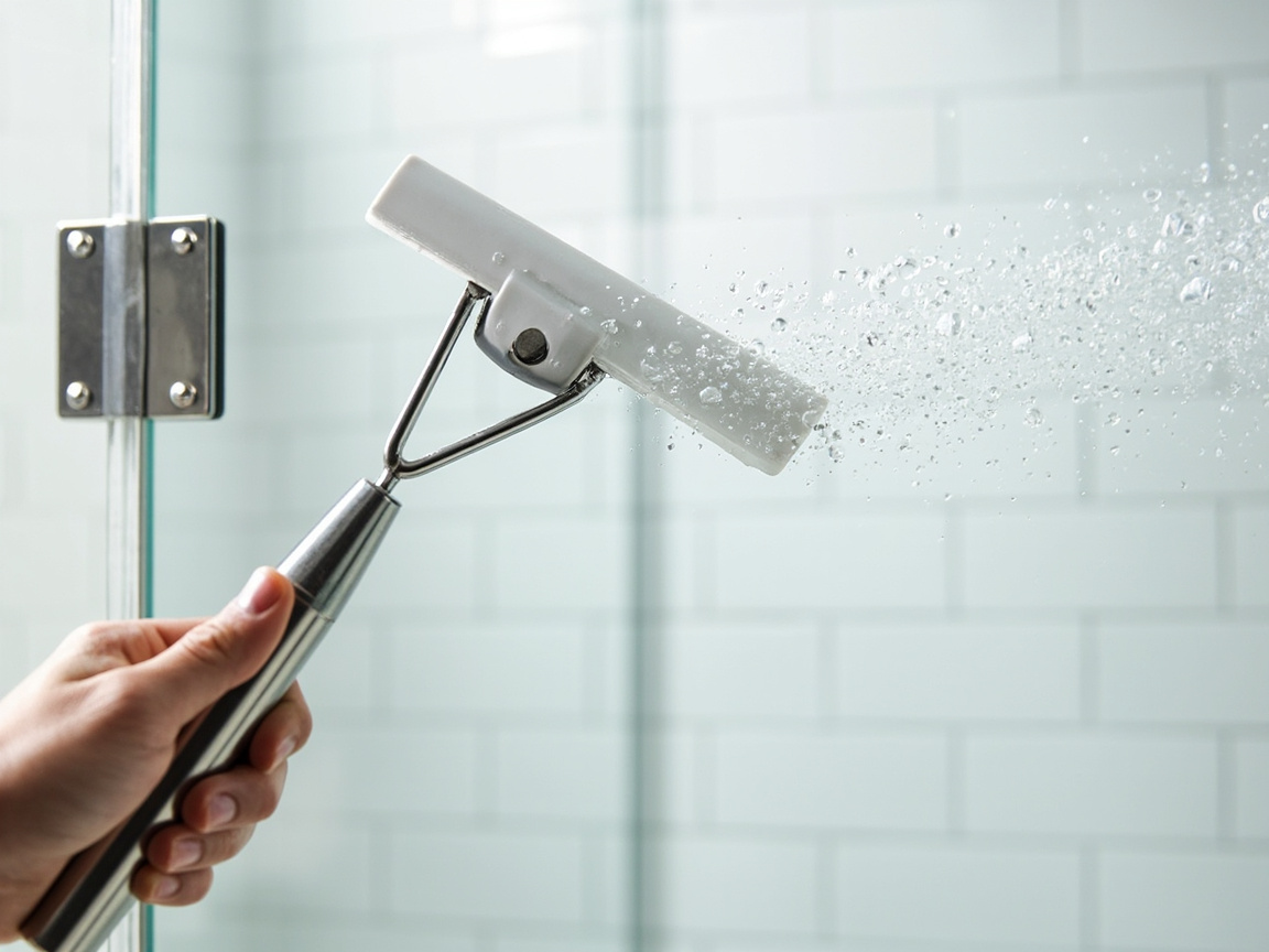 stainless steel squeegee gliding down a glass shower door, leaving a streak-free clear path behind the blade