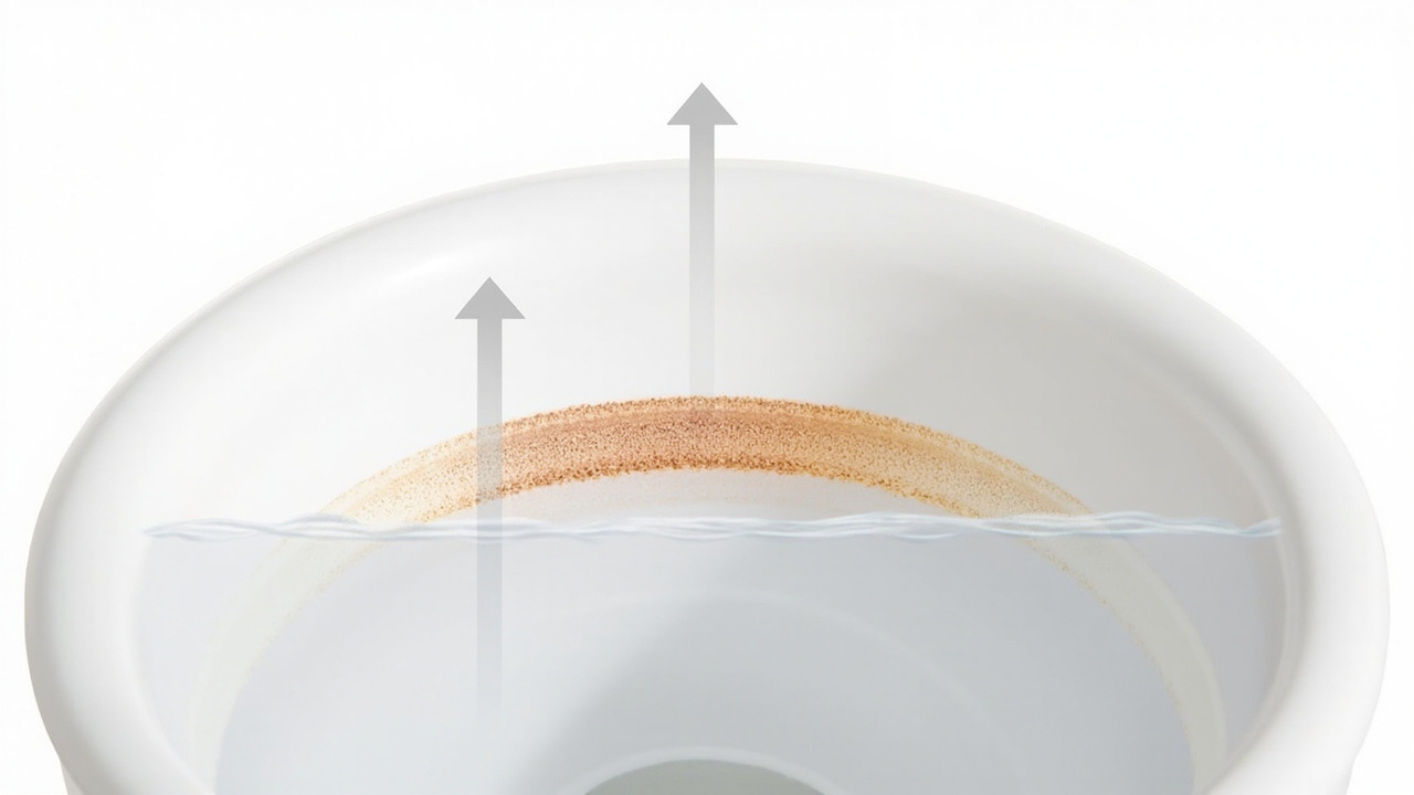 brown mineral ring forming at the water line inside a white porcelain toilet bowl