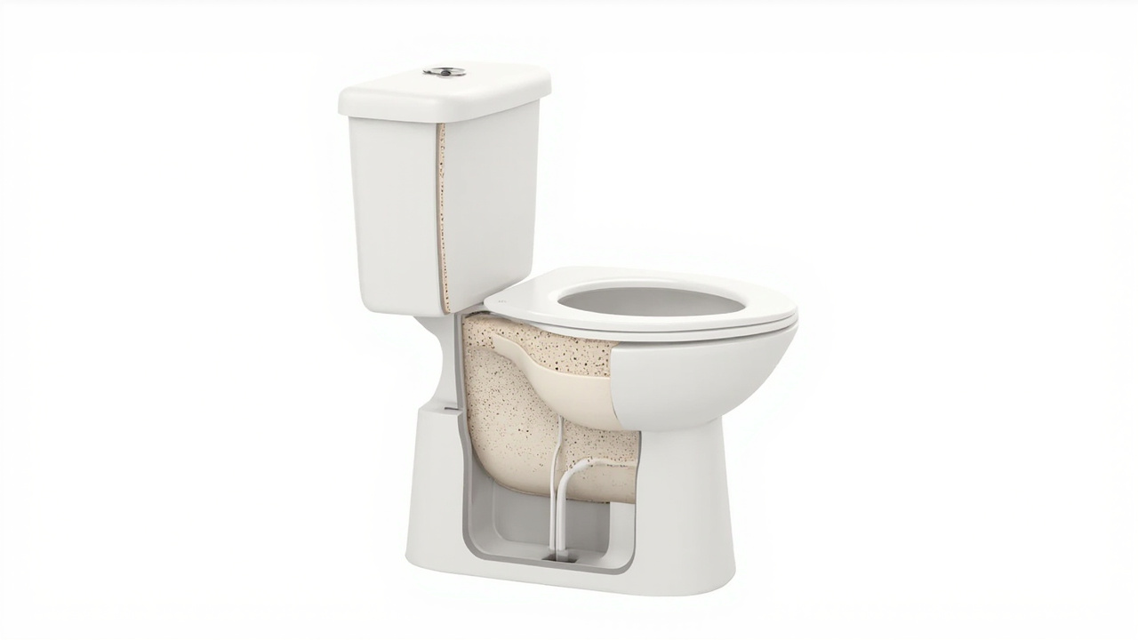 toilet bowl cross-section showing where hard water stains form around the rim and water line