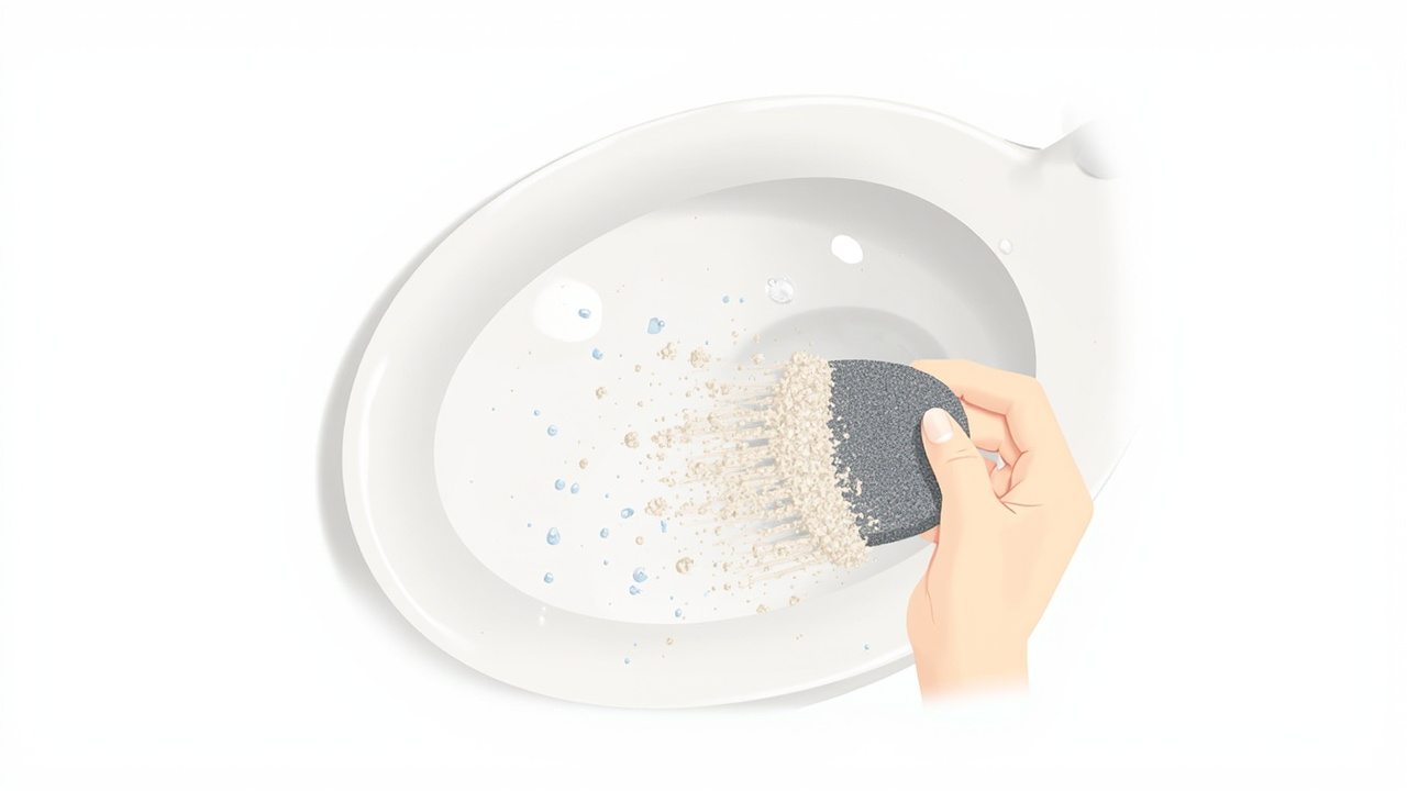 hand scrubbing a white porcelain toilet bowl with a grey pumice stone