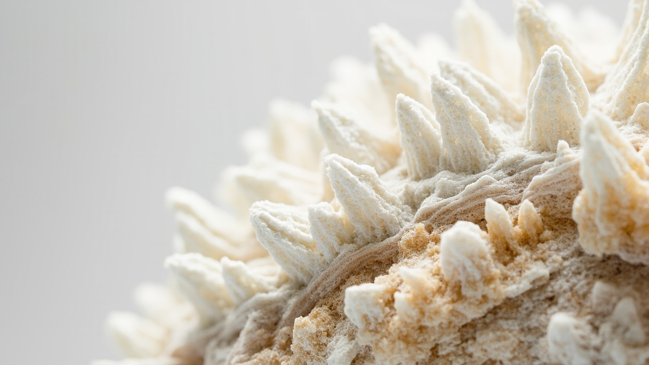 close-up of layered white calcium and magnesium mineral scale crust deposits